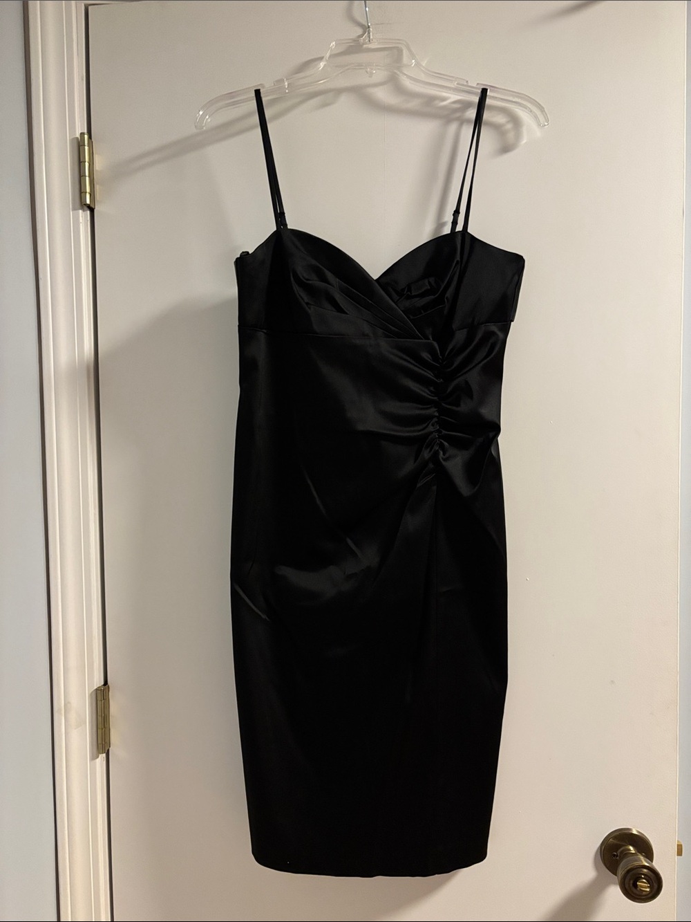 Donna Ricco Black Satin Ruched Spaghetti Strap Dress